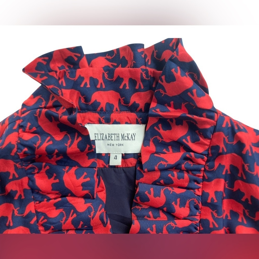 Elizabeth McKay 100% Silk‎ Elephant Print Dress Blue Red Size 4 Tie Waist Ruffle